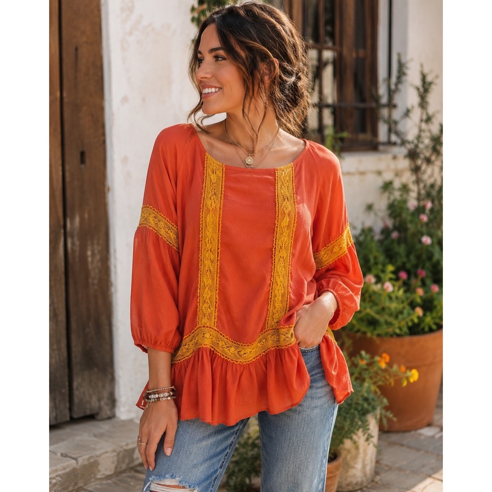BYSI Women's Small Boho Peasant Blouse Orange Mustard Lace Tunic Cottagecore